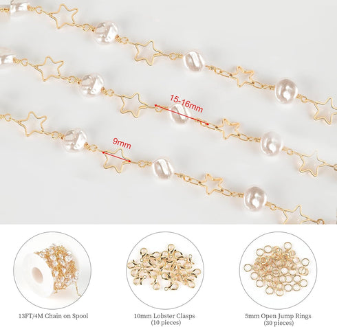 KYUNHOO 13ft Premium Copper Chain for Jewelry Making Gold Plated Brass Chain Roll with Irregular Pearls and Hollow Stars Chain for Women Necklace ...