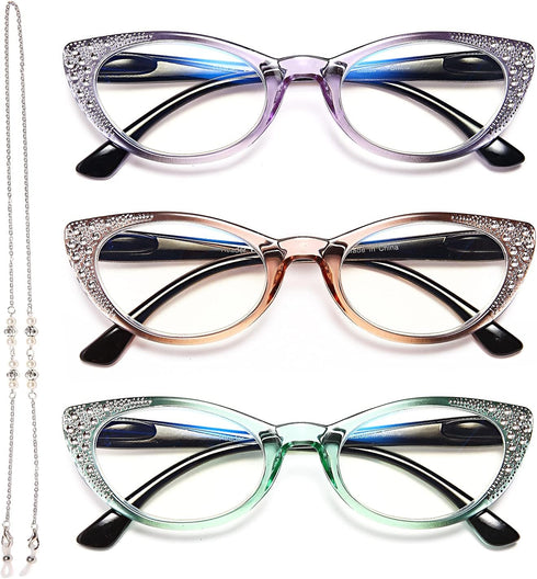 EYEURL Cat Eye Reading Glasses for Women 2.25 Blue Light Blocking 3 Pack Computer Readers with Comfortable Spring Hinge Lightweight Eyeglasses for...