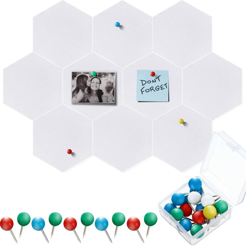 10 Packs Pin Board Hexagon Felt Board Tiles Bulletin Board Memo Board with 20 Pieces Push Pins, Decoration for Home Office Classroom Wall (White,5...