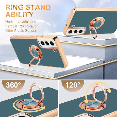 Compatible With Samsung Galaxy S21 Case, Finger Ring Holder With Rose Gold Plating Design for Women Girls, Rotating Kickstand, Magnetic Shockproof...