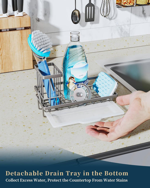 Consumest Sponge Holder for Kitchen Sink, Sink Caddy Kitchen Sink Organizer with Removable Drip Tray for Countertop Dish Soap Holder Dispenser Bru...