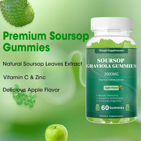 Soursop Graviola Gummies, Organic Soursop Leaves Extract 2000mg for Antioxidant, Immune Support & Digestive Promotion, Vegan - Green Apple Flavor ...