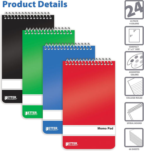 Better Office Products Spiral Memo Pads, 24 Pack, 3 x 5 inches, 60 Sheets, College Rule, Assorted Solid Colors, 24 Pack...