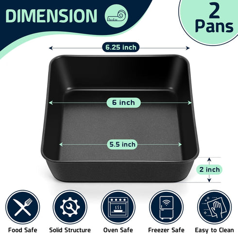 P&P CHEF 6” Square Cake Pans for Baking, 2-Piece Small Square Lasagna Brownie Pan, Stainless Steel Core with Non-stick Coatings, Easy to Use & Lea...