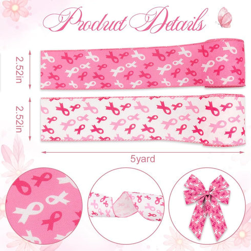 Hying 2 Rolls Breast Cancer Awareness Ribbons for Wreath Bows Wrapping Gifts, White Pink Ribbon for Gift Wrapping Breast Cancer Awareness Party De...