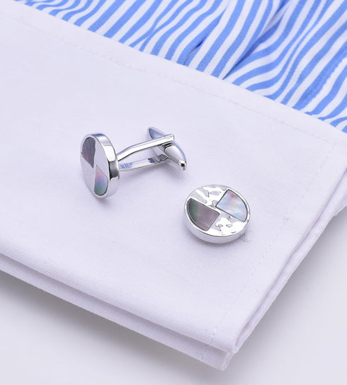 Silver Natural Gray Mother of Pearl Cufflinks for Men Lady Water Ripples Pattern Round Men's Cufflinks Jewelry for Wedding Anniversary Business Pa...