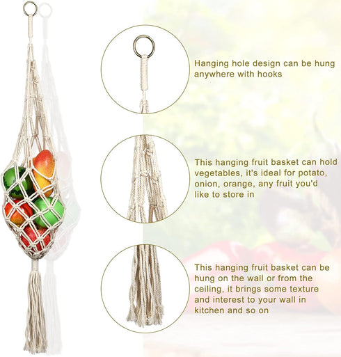 Geiserailie 2 Pieces Hanging Fruit Basket Macrame Hanging Basket Vegetable Breathable Storage decor for Potato Onion and Fruit Storage Boho Decor ...