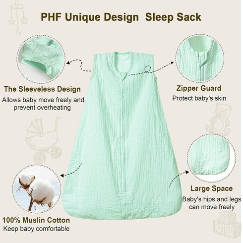 PHF 100% Muslin Cotton Baby Sleep Sacks, 0-6 Months Sleep Sack with 2-Way Zipper, 2 Pack Cooling Unisex 0.5 TOG Breathable Small Size Sleeveless B...