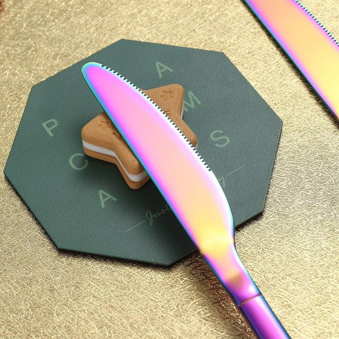 HOMQUEN Rainbow Dinner Knives 4 Pieces, Sturdy 9" Stainless Steel Modern Design Knife, Colorful Titanium Plating Knifes Set With Round Edge Dishwa...