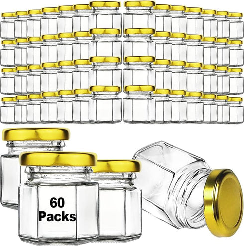 60 Pcs Small Glass Containers with Airtight Lids, 1.5 oz Mini Honey Jars for Wedding Favor, Baby Shower, Small Hexagon Candle Jars for Making Cand...