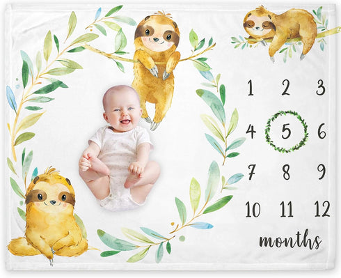 Sloth Milestone Blanket, Safari Baby Growth Chart Monthly Blanket, Watch Me Grow Sloth Baby Nursery for New Moms Baby Shower(50"x40")...