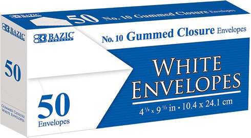 BAZIC White Envelope #10 Gummed Seal 4 1/8 x 9 1/2, No Window Mailing Envelopes, for Businesses Checks Invoices (50/Pack), 1-Pack...