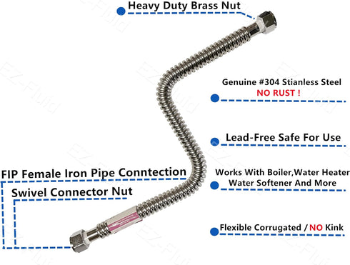 EZ-Fluid 12" x 3/4-Inch FIP x 3/4-Inch FIP, Corrugated Flexible Stainless Steel Water Heater Connector Supply Line for Female Iron Water Pipes Fit...
