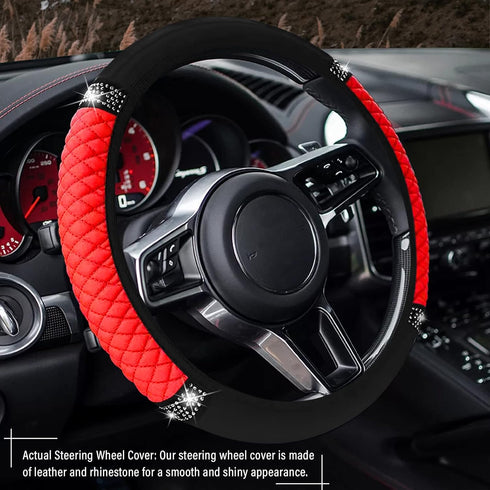 11 PCS Bling Rhinestones Leather Car Accessories Set,Bling Steering Wheel Cover for Women,Center Console Armrest Pad Belt Cover Handbrake Gear Cov...