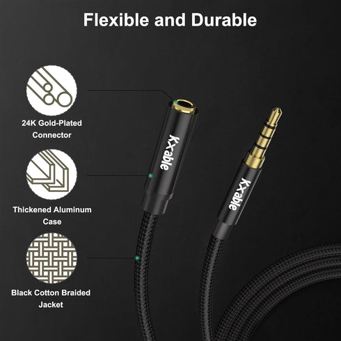 3.5mm Headphone Extension Cable 25FT, 4 Pole TRRS 1/8 inch Male to Female Stereo Audio Cord, Nylon Braided, Microphone Compatible, for Headphone, ...