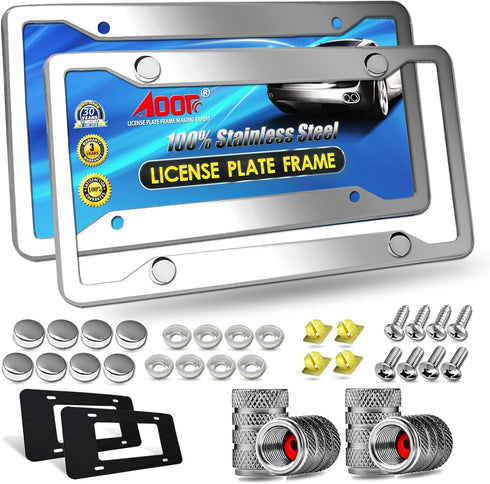 Aootf Stainless Steel License Plate Frames- Heavy Duty Polish Mirror Silver Car Tag Cover with Chrome Screw Caps, 4 Hole 2 Pack Front & Rear Holde...