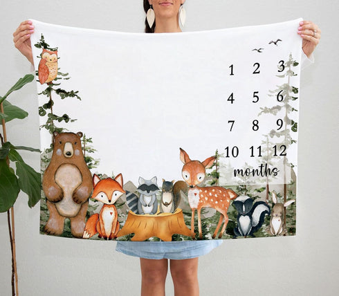 Woodland Baby Milestone Blanket with Birth Stat Sign, Forest Baby Growth Chart Monthly Blanket, Watch Me Grow Woodland Animals Baby Nursery for Ne...