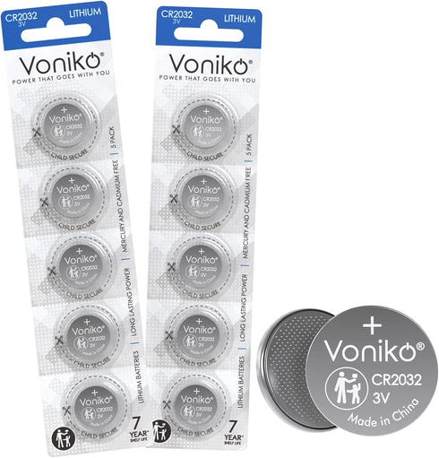 Voniko 3 Volt CR2032 Battery 10 Pack – Lithium Batteries – 2032 Button Battery Flat – 7 Years Shelf Life...
