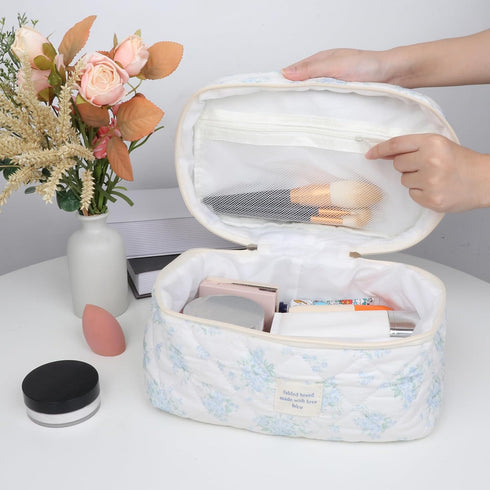 Quilted Cotton Makeup Bag - Blue Cute Floral Travel Cosmetic Bags Large Aesthetic Skincare Pouch with Compartments for Women and Girls Toiletry Or...