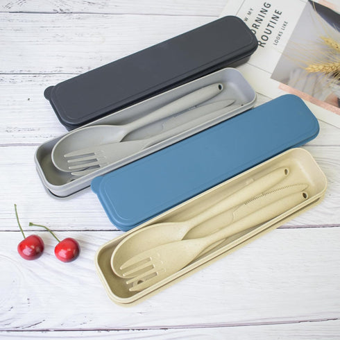 JIABEIUS Large Travel Utensils with Case, 4 Pack Wheat Straw Flatware Reusable Utensils, Portable Travel Cutlery Set for Lunch School Picnic Campi...