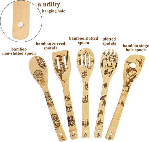 5 PCS Star Wars Burned Wooden Spoon,Star Wars Gifts for Men,Funny Mothers Day Gifts,Baby Yoda Gifts for Women,Slotted Wooden Spatula Utensil Set f...