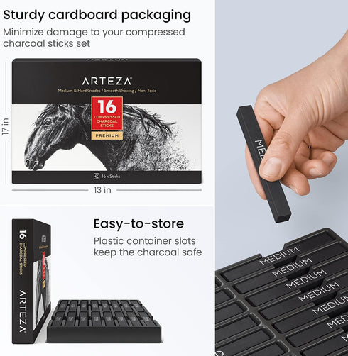 ARTEZA Compressed Charcoal Sticks Set of 16 – Medium and Hard Drawing Crayons for Sketching, Shading, Line Work in Charcoal Art and Figure Drawing...