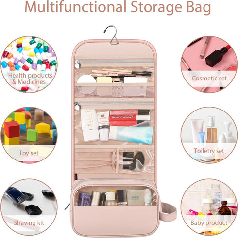 Fintie Portable Toiletry Cosmetic Travel Bag, Large Water Resistant Hanging Makeup Organizer Storage Pouch Case for Women Girls, Pink...
