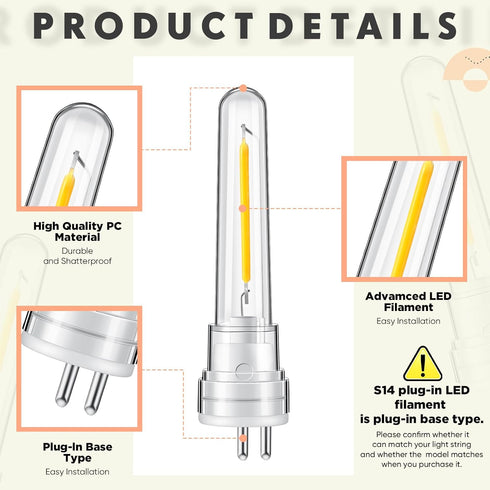 S14 Replacement Light Bulbs 1.5 Watt LED Bulb with 2 Prongs 2700k 120V Waterproof String Lights Accessories for Outdoor Patio String Lights, Warm ...