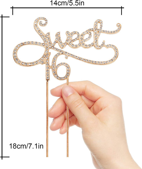 Sweet 16 Cake Topper for 16 Years Birthday Or 16th Wedding Anniversary Crystal Rhinestone Party Decoration Silver (Gold)...