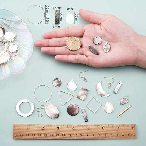SUNNYCLUE 1 Box DIY 12 Pairs Geometric Natural Black Lip Shell Dangle Earrings Making Starter Kit Classic Drop Dangle Round Oval Rectangle Geometr...