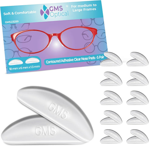 GMS Optical 1.3mm Extra-Thin / 18mm Large-Length - Anti-Slip Adhesive Contoured Silicone Eyeglass Nose Pads with Super Sticky Backing - (5 Pair - ...