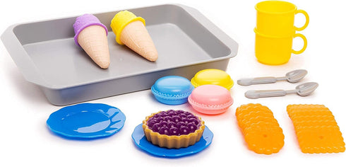 Toddler Food Toys Pretend Playset Colorful Dessert Playset with Realistic Cookies, Macarons, Pies, Cups, Ice Cream, Spoons and Large Tray for Boys...