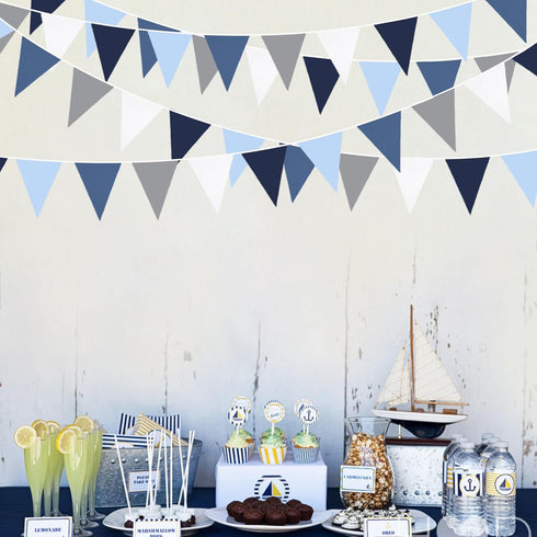 32Ft Deep Blue Party Decorations Royal Triangle Flag Pennant Bunting Fabric Garland for Wedding Birthday Ahoy Achor Nautical Pirate Bridal Baby Sh...
