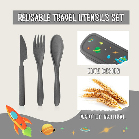 Teivio Plastic Wheat Straw Portable Travel Utensils Set for Kids, Reusable Flatware-Fork Spoon Knife for School Camping with Cute Rockets Pattern ...