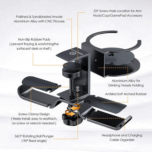 WixGear Headphone Stand, 2 in 1 PC Gaming Headset Stand Cup Holder, with Cable Organizer, 360° Adjustable & Rotating Arm Clamp Headphone Holder, S...