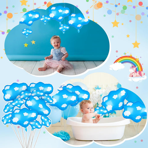 12 Pieces Blue Cloud Foil Balloons Set Include 4 Large and 8 Small Cloud Printed Balloons Blue and White Cloud Balloons for Baby Shower Story Birt...