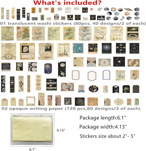 TIYPKE 200pcs Aesthetic Stickers - Vintage Scrapbook Stickers for Journaling, Bullet Journals, Scrapbooking, Space & Moon Themes...