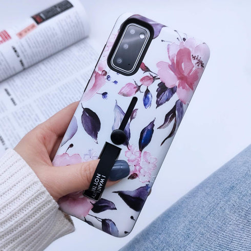 Compatible with Samsung Galaxy S20 Case Finger Grip,3D Embossed Pink Flowers White Shell Design, Rugged Shockproof Slim Fit Dual Layer Finger Ring...