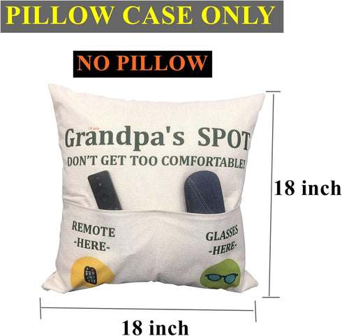 Grandpa Gifts,2-Pocket Grandpa’s Spot Throw Pillow Covers 18x18 Inch + Engraved Spoon, Fathers Day Birthday Christmas Thanksgiving Day Gifts for P...