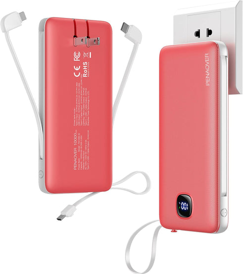 Portable Charger with Built-in Cables&AC Wall Plug,Slim 10000mAh 22.5W Fast Charging Power Bank,5 Output 2 Input USB-C External Battery Pack Compa...
