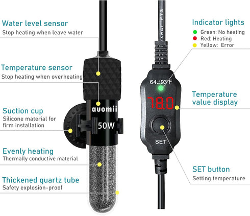 Small Submersible Aquarium Heater,Adjustable Mini Fish Tank Heater 25/50/100/150/200/300 Watts with External Temperature Controller, LED Display, ...