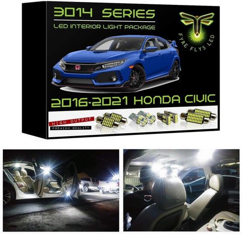 Fyre Flys 6 Piece White LED Interior Lights for 2016 2017 2018 2019 2020 2021 Honda Civic Super Bright 6000K 3014 Series SMD Package Kit with Map ...