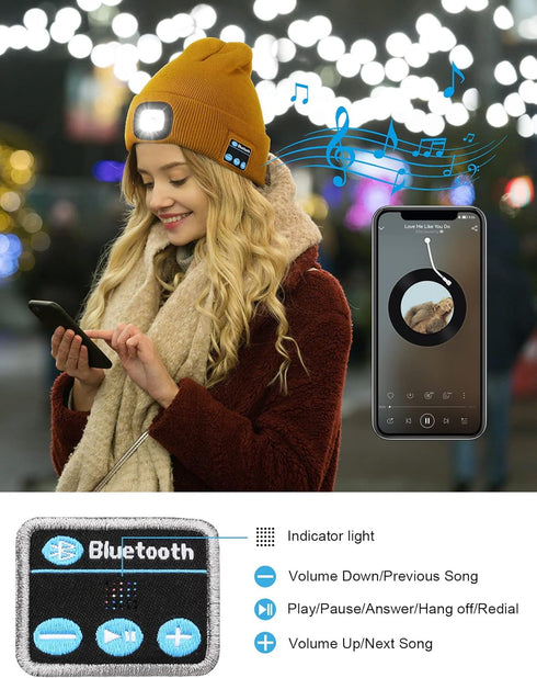 Bluetooth Beanie with Light, Unisex USB Rechargeable LED Headlamp Hat with Headphones, Built-in Speakers & Mic Winter Knitted Night Lighted Music ...