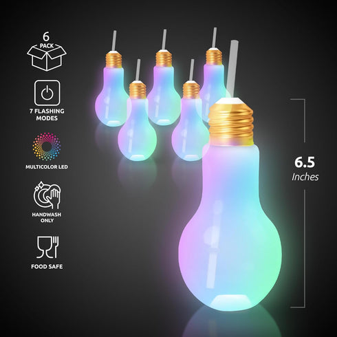 Windy City Novelties - 6 pack - LED Light Up White Light Bulb Cup with Straw...