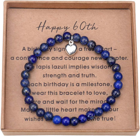 Birthday Gifts for 60 Year Old Woman Lapis lazuli Bead Bracelet with Sterling Silver Heart Charm Gifts for Turning 60 with Card and Gift Box...