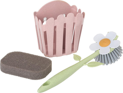 Vigar Florganic 3-Piece Sink Caddy Set, Eco-Friendly Daisy-Shaped Dish Brush, Sponge and Fence-Shaped Holder with Suction Cup, Pink...
