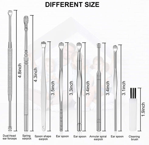 Ear Pick Ear Curette Earwax Pick Removal Tool Kit 8 Pcs, Stainless Steel Ear Hygiene Care Sets with Storage Box...