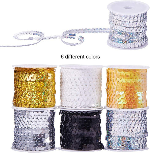 PH PandaHall 30 Yards Spangle Flat Sequins 6mm 6 Color Crafts Sequin Strip Sewing Paillette Spool String Metallic Shiny Trim for Mermaid Dress Emb...
