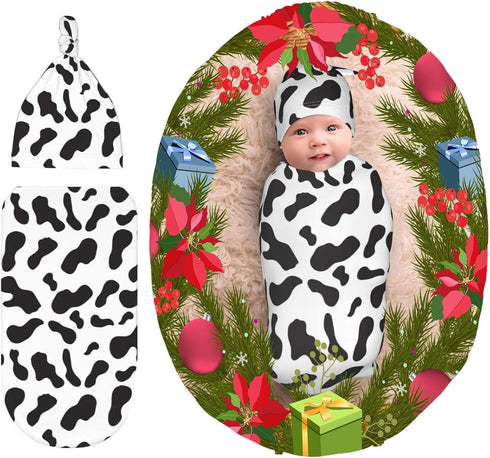 Cow Print Baby Stuff,Cow Print Newborn Swaddle Blankets Beanie Hat Sets Soft and Stretchy Baby Receiving Blanket Swaddle Sack for Baby Shower Infa...