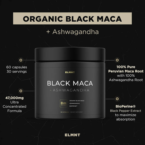 ELMNT 40,000mg 40x Strength Organic Black Maca Root with Ashwagandha - Highest Potency Black Maca Root Capsules for Men - 100% Pure Maca Peruana P...
